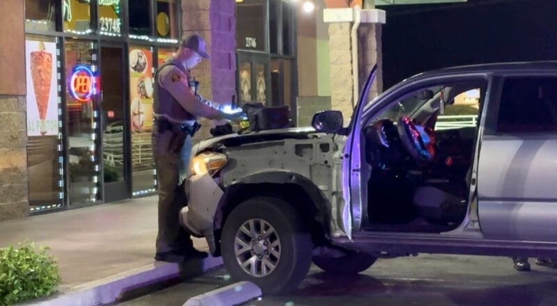 A car involved in a traffic stop had front-end damage after a man was arrested on suspicion of DUI near Valle Del Oro and Newhall Avenue, Wednesday, April 8, 2026. Signal Staff/The Signal