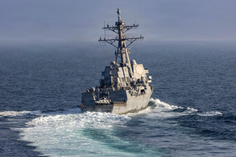 Arleigh Burke-class guided-missile destroyer USS Frank E. Petersen Jr. (DDG 121) sails in the Arabian Sea during Operation Epic Fury, on March 18, 2026. U.S. Navy
