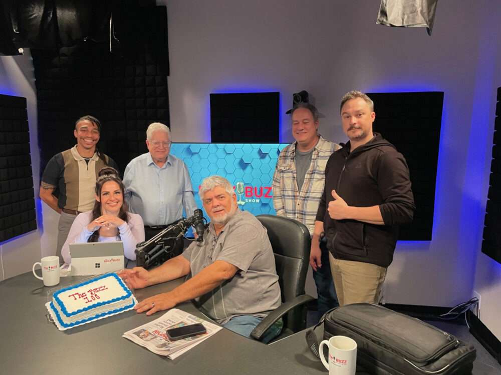 “The Daily Buzz” celebrated its 100th episode on Tuesday. Pictured, from left: Director Billy Carmichel, co-host Martha Aguilera, Executive Producer Richard Budman (Signal publisher and owner), host Joe Messina, Director Mark Mosley and Director Sean Miller. “The Daily Buzz” is the weekday morning show that runs 6-9 a.m. on The Buzz, The Signal’s streaming channel, which is available at buzzscv.com as well as streaming platforms including Roku and Apple TV. Staff photo.