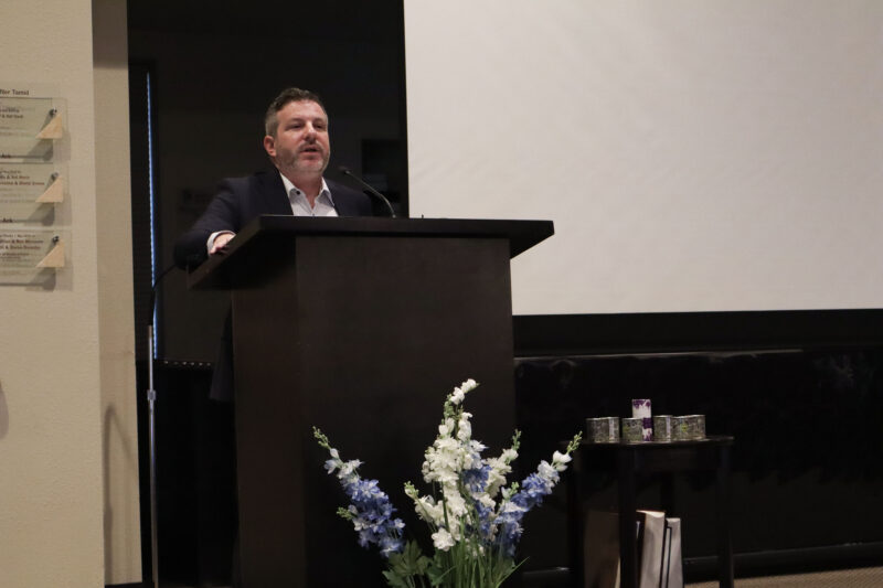 Rabbi Jay Siegel speaks to the crowd at the "The Symphony of the Holocaust" screening at Congregation Beth Shalom in Santa Clarita, Calif., Sunday, April 12, 2026. Kamryn Martell/The Signal