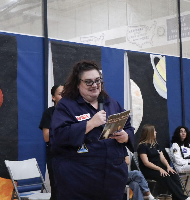 Jodi Guerrero, dressed as Sharon Christa McAuliffe, does her monologue at the 16th annual "Women in History" at Saugus High School in Saugus, Calif., Monday, April 13, 2026. Kamryn Martell/The Signal