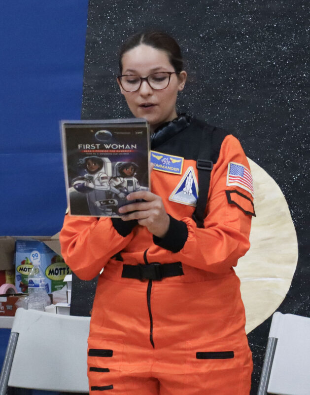 Addison Rivera, dressed as Jasmin Moghbeli, speaks to the audience at the 16th annual "Women in History" at Saugus High School in Saugus, Calif., Monday, April 13, 2026. Kamryn Martell/The Signal