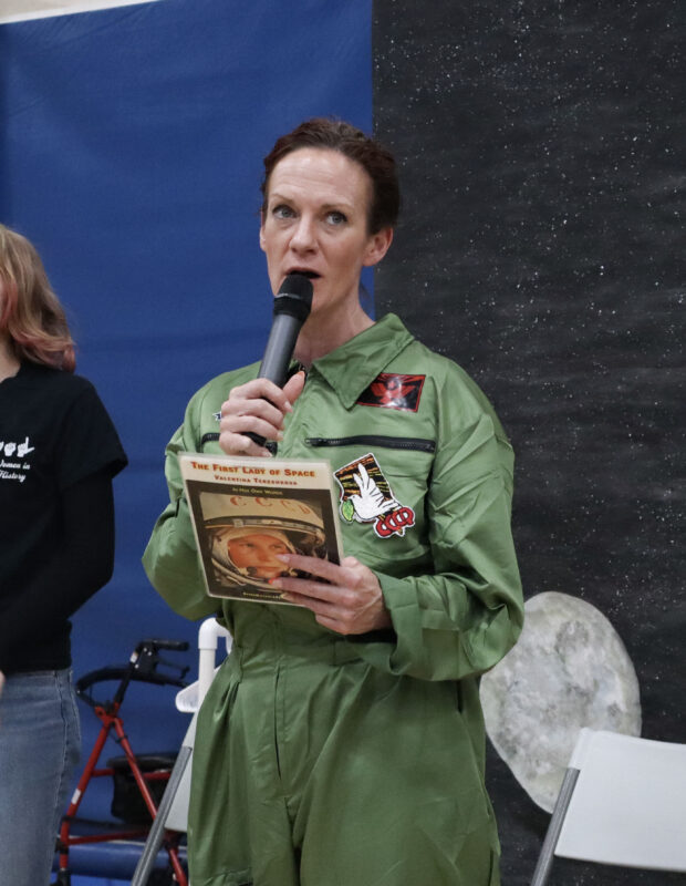 Wendy Noonan, dressed as Valentina Tereshkova, does her monologue in a Russian accent at the 16th annual "Women in History" at Saugus High School in Saugus, Calif., Monday, April 13, 2026. Kamryn Martell/The Signal