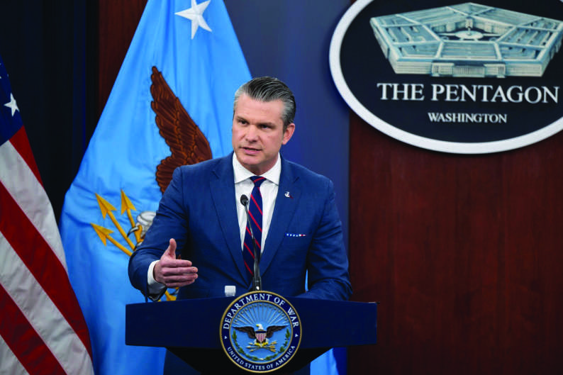 Secretary of War Pete Hegseth speaks at a press briefing on Operation Epic Fury at the Pentagon in Arlington, Va., on March 2, 2026. U.S. Air Force Staff Sgt. Madelyn Keech/Department of War
