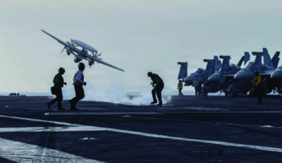 An E-2D Hawkeye, attached to Airborne Command & Control Squadron (VAW) 117, launches from the flight deck of Nimitz-class aircraft carrier USS Abraham Lincoln (CVN 72) during Operation Epic Fury, on March 31, 2026. Courtesy of the U.S. Navy