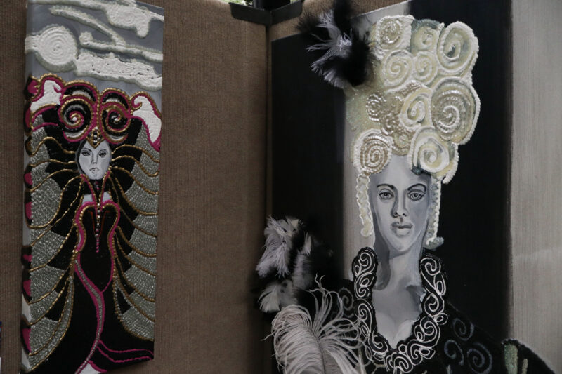 Georgette Arison's art pieces sit on display at her booth at the 12th annual Santa Clarita Artists Association's Spring Art Show at Le Chene French Cuisine in Santa Clarita, Calif., Sunday, April 26, 2026. Kamryn Martell/The Signal