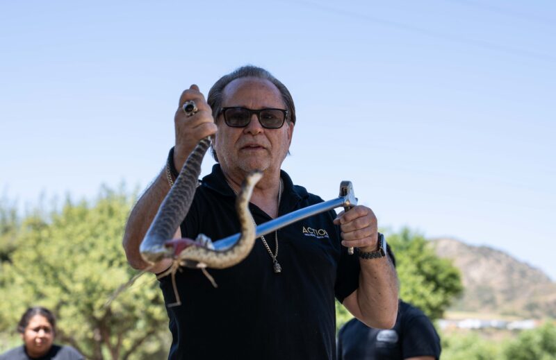 Action’s CEO Cary Quashen holds a wild rattlesnake with a pair a tweezers to during a snake handling demonstration to the SCV Young Marines on Saturday May 6, 2026. Katherine Quezada/The Signal