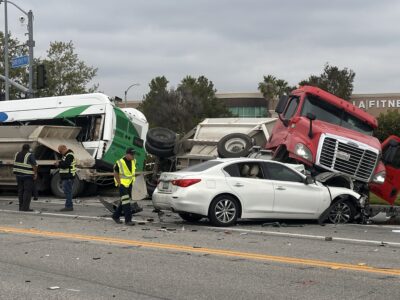 A multivehicle collision involving a city of Santa Clarita Transit bus and a gravel truck resulted in 8 people transported to the hospital including one in critical condition on Wednesday May 13, 2026. Katherine Quezada/The Signal