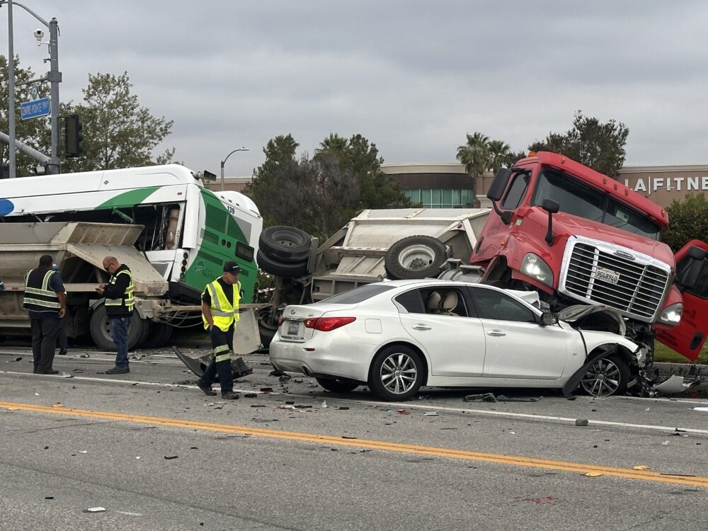 A multivehicle collision involving a city of Santa Clarita Transit bus and a gravel truck resulted in 8 people transported to the hospital including one in critical condition on Wednesday May 13, 2026. Katherine Quezada/The Signal