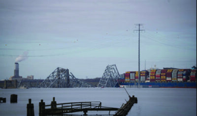 The Francis Scott Key Bridge after being knocked down by the 95,000-ton Dali in Baltimore Harbor on March 26, 2024. Photo by Madalina Vasiliu.