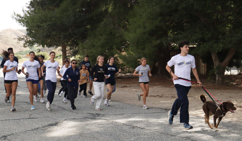 Austin Duenas (R, white shirt), a senior at West Ranch High School, runs with MJ, 1, a Shepherd Husky mix, at the fourth annual West Ranch High "Run With Dogs" event at the Santa Clarita Valley Animal Care Center in Castaic, Calif., Sunday, May 17, 2026. Kamryn Martell/The Signal