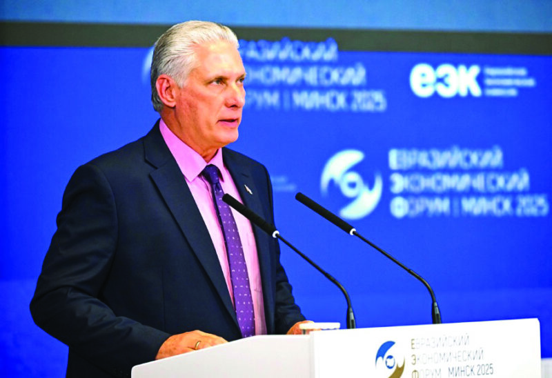Cuban President Miguel Diaz-Canel delivers a speech during a plenary session of the Eurasian Economic Forum in Minsk, Belarus June 26, 2025. Sputnik/Sergey Bobylev/Pool via REUTERS