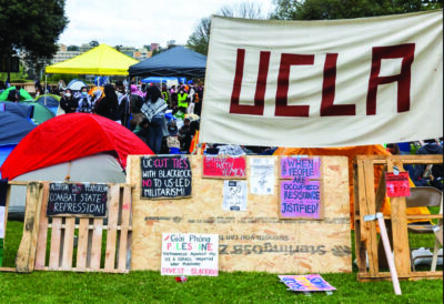 Pro-Palestinian activists protest against the Israel–Hamas war on the University of California–Los Angeles campus on April 25, 2024. Photo by John Fredricks.