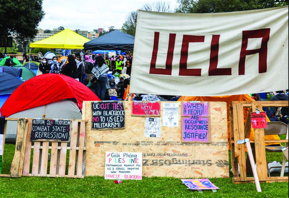 Pro-Palestinian activists protest against the Israel–Hamas war on the University of California–Los Angeles campus on April 25, 2024. Photo by John Fredricks.