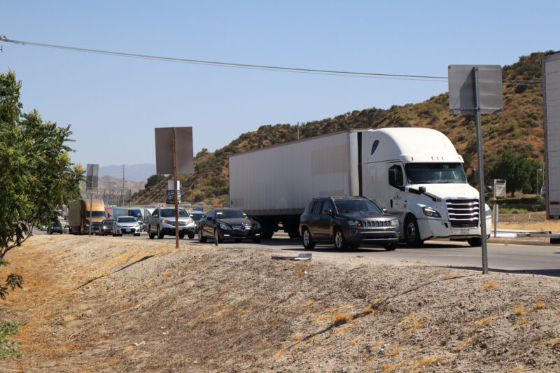 Cars get off the Interstate 5 northbound after reports of the "Cactus Fire" in Castaic, Calif., Monday, June 1, 2026. Kamryn Martell/The Signal