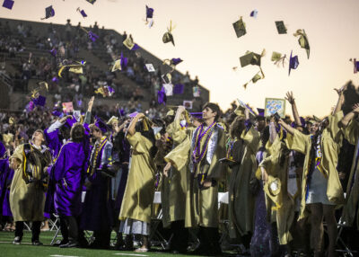Valencia graduates toss their caps into the air during the Valencia High School graduation at College of the Canyons on Wednesday, June 3, 2026. Habeba Mostafa/ The Signal
