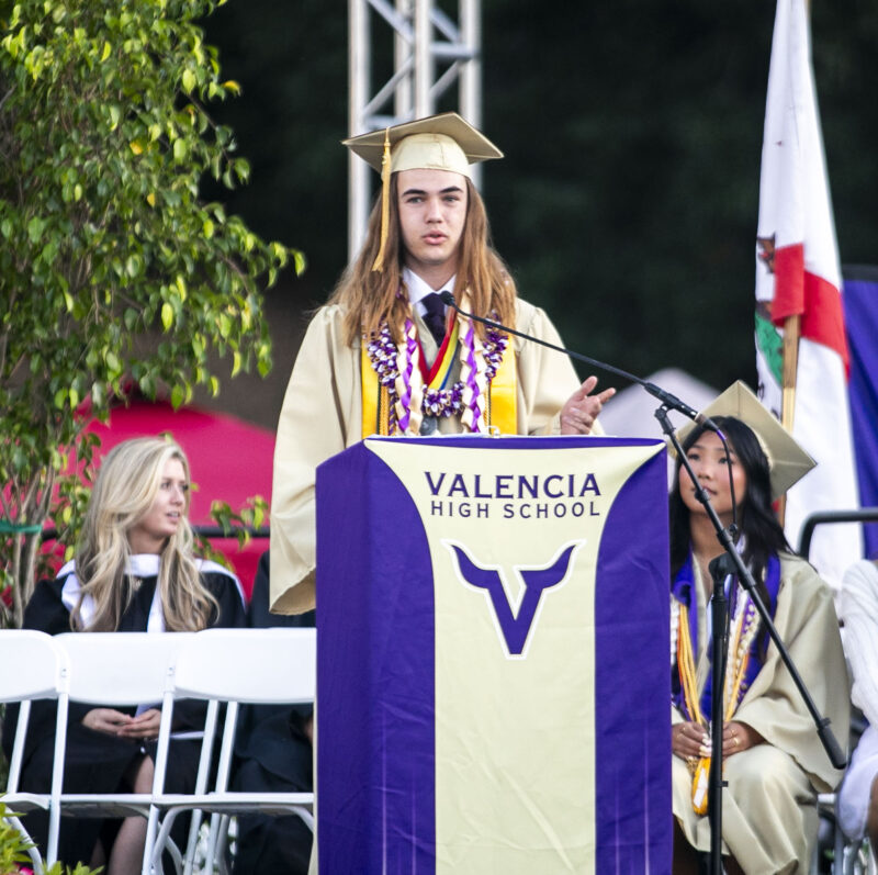Senior Class Speaker Gavin Helms recites "Our Dash" during the Valencia High School graduation at College of the Canyons on Wednesday, June 3, 2026. Habeba Mostafa/ The Signal