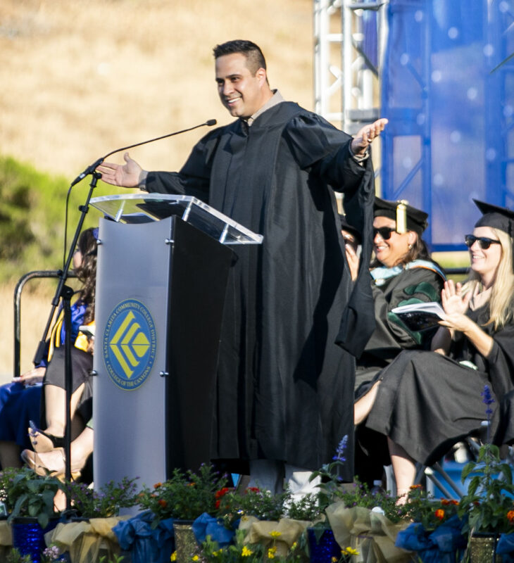News anchor Jonathan Gonzalez gives his speech as the keynote speaker during the College of the Canyons graduation at Cougar Stadium on Friday, June 5, 2026. Habeba Mostafa/ The Signal