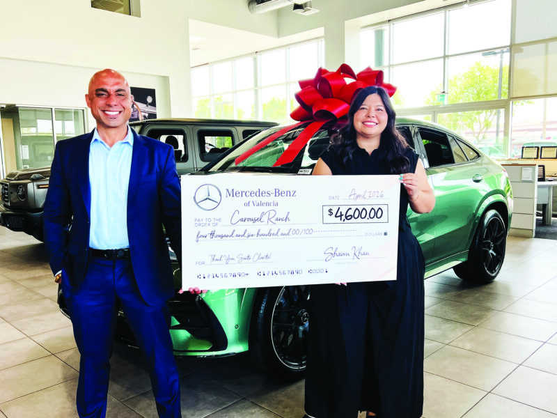 Mercedes-Benz of Valencia recently presented a $4,600 donation check to Carousel Ranch, a local nonprofit that provides equestrian therapy and workplace training for developmentally disabled children and adults. Courtesy photo.