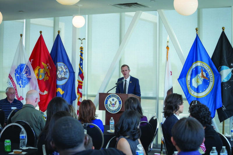Rep. George Whitesides, D-Agua Dulce, speaks during the send-off ceremony for the students across California’s 27th Congressional District who received appointments to military service academies and preparatory schools. Courtesy photo.