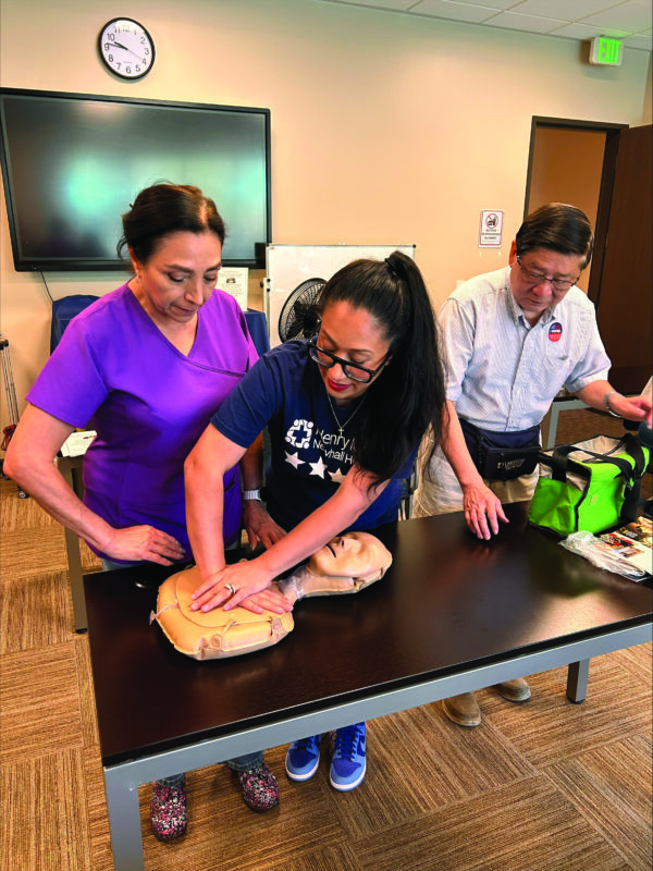 Staff from Henry Mayo Newhall Hospital recently conducted a series of free “hands-only CPR” training sessions for the public at the hospital, the Henry Mayo Fitness and Health club and at the Bella Vida Santa Clarita Valley Senior Center. Henry Mayo nurse Monique Avalos is shown here conducting the training at the senior center. Photo courtesy of HMNH.