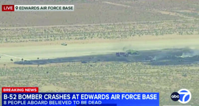 Eight people were presumed dead after an Air Force B-52 bomber crashed at Edwards Air Force Based in the Antelope Valley on Monday, June 15, 2026. Screenshot courtesy of ABC7.