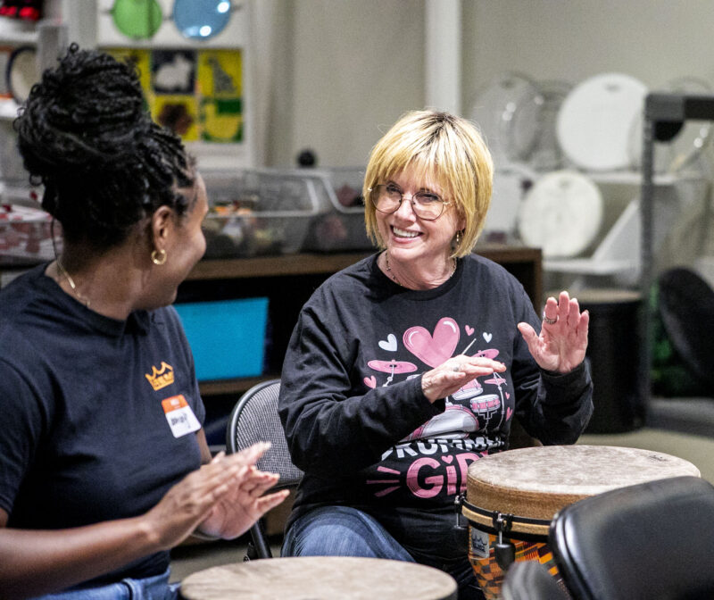 Robin Blate participates in the Tuesday night community drum circle at Remo Music Center in Castaic on Sept. 2, 2025. Habeba Mostafa/ The Signal