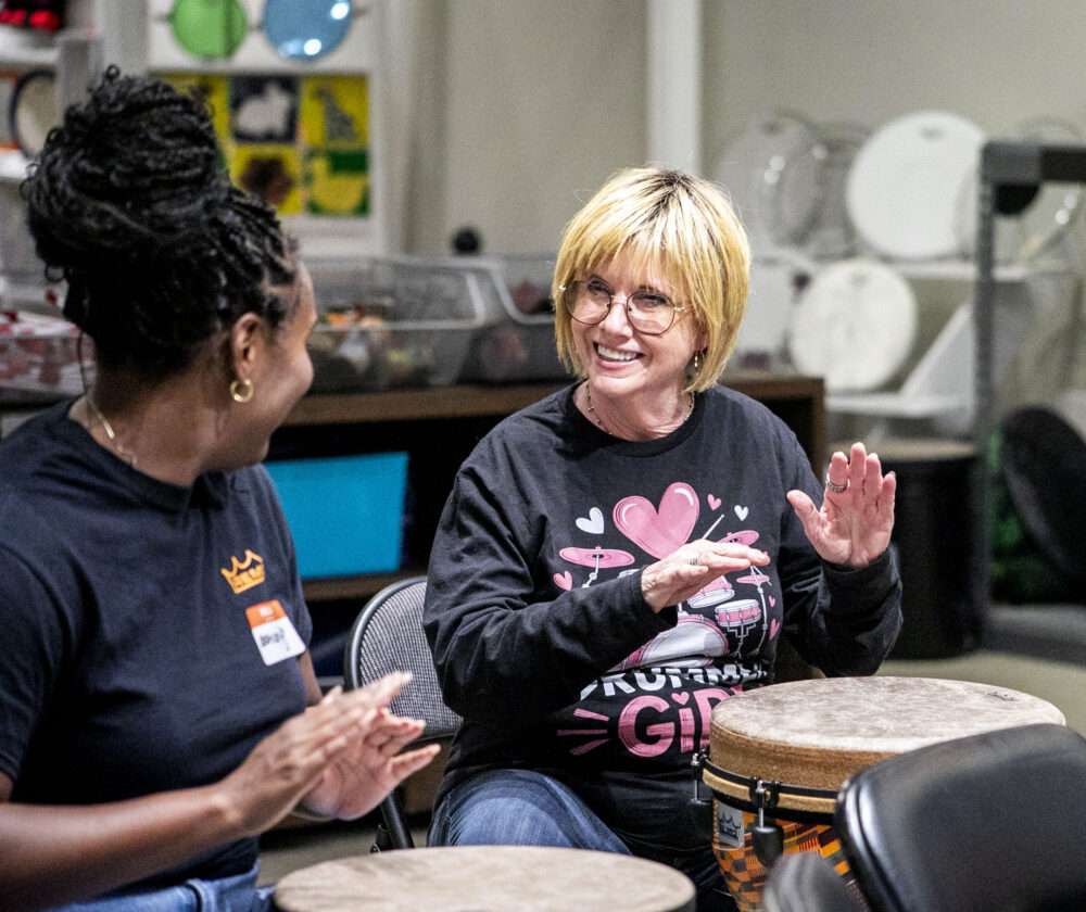 Robin Blate participates in the Tuesday night community drum circle at Remo Music Center in Castaic on Sept. 2, 2025. Habeba Mostafa/ The Signal