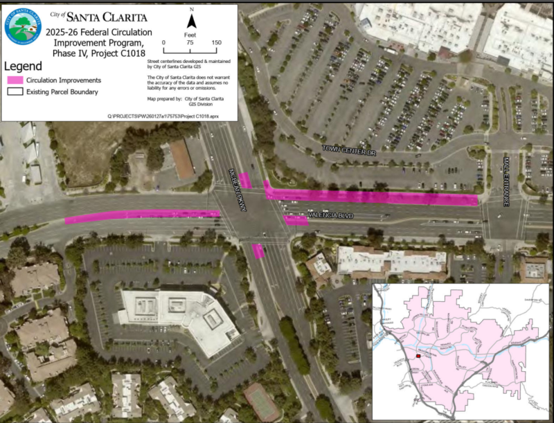 Road crews will be working on the north shoulder between McBean Parkway and the mall entrance through October, as part of a capacity improvement project. Courtesy image.