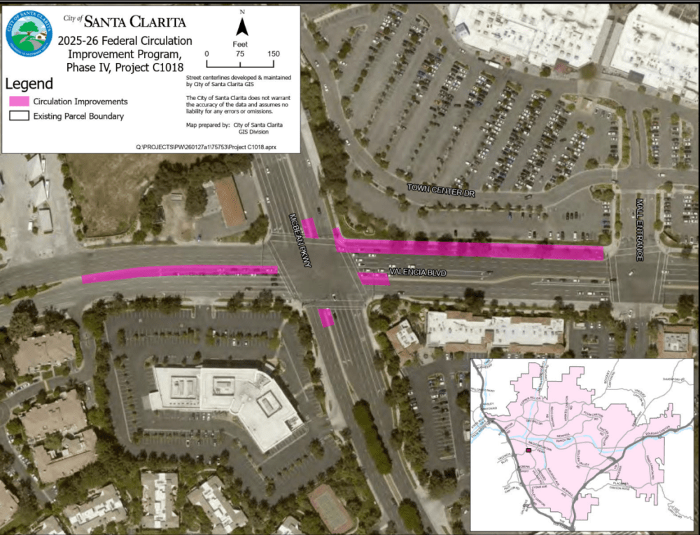 Road crews will be working on the north shoulder between McBean Parkway and the mall entrance through October, as part of a capacity improvement project. Courtesy image.