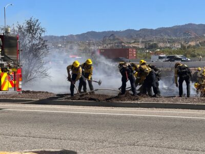 Los Angeles County Fire Department personnel were dispatched to a fire at Interstate 5 and Avenue Stanford on Tuesday, July 7, 2026. Katherine Quezada/The Signal