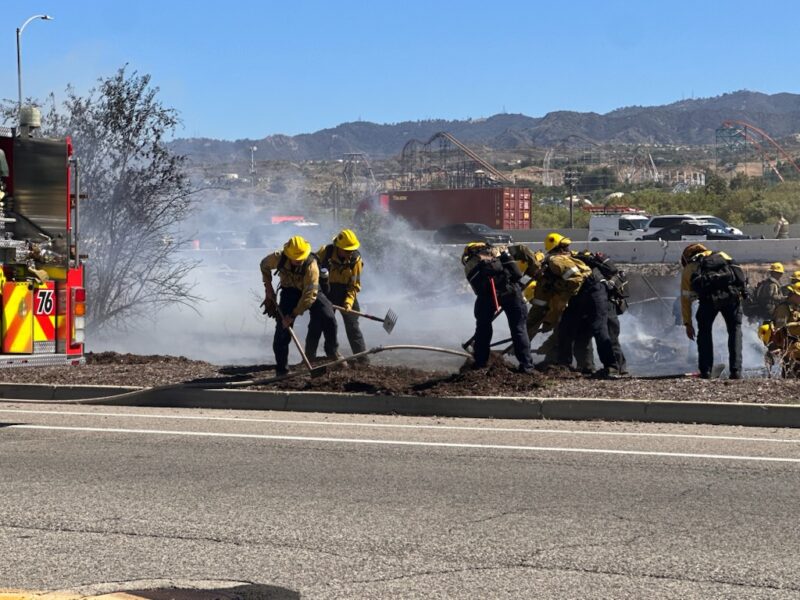 Los Angeles County Fire Department personnel were dispatched to a fire at Interstate 5 and Avenue Stanford on Tuesday, July 7, 2026. Katherine Quezada/The Signal
