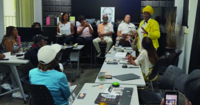 Rlynn Smith-Thomas opens the discussion at the recent trailblazers event held in observance of the Juneteenth holiday. Courtesy photo.