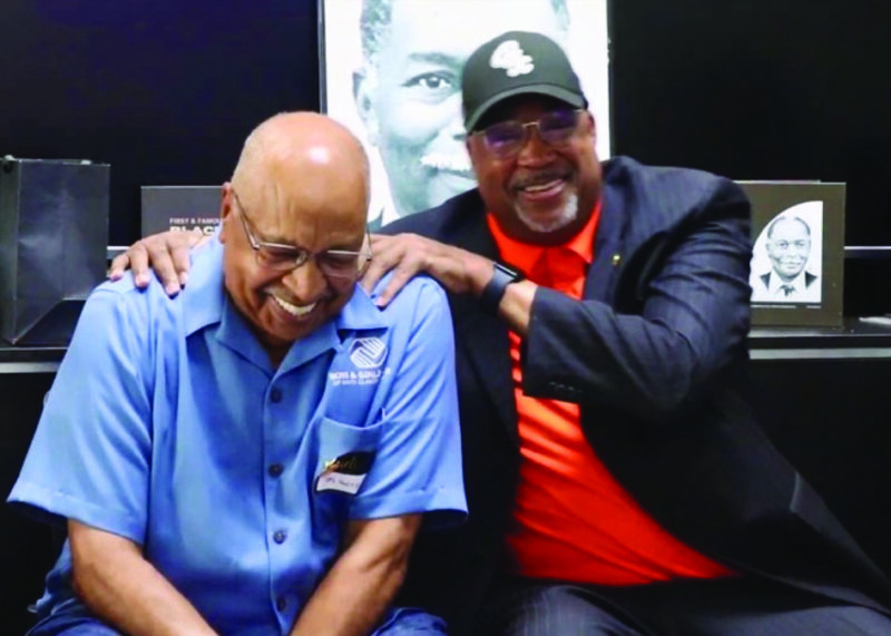 Jim Ventress (left) and Jeffrey Forrest share a laugh at the recent trailblazers event held in observance of the Juneteenth holiday. Courtesy photo.