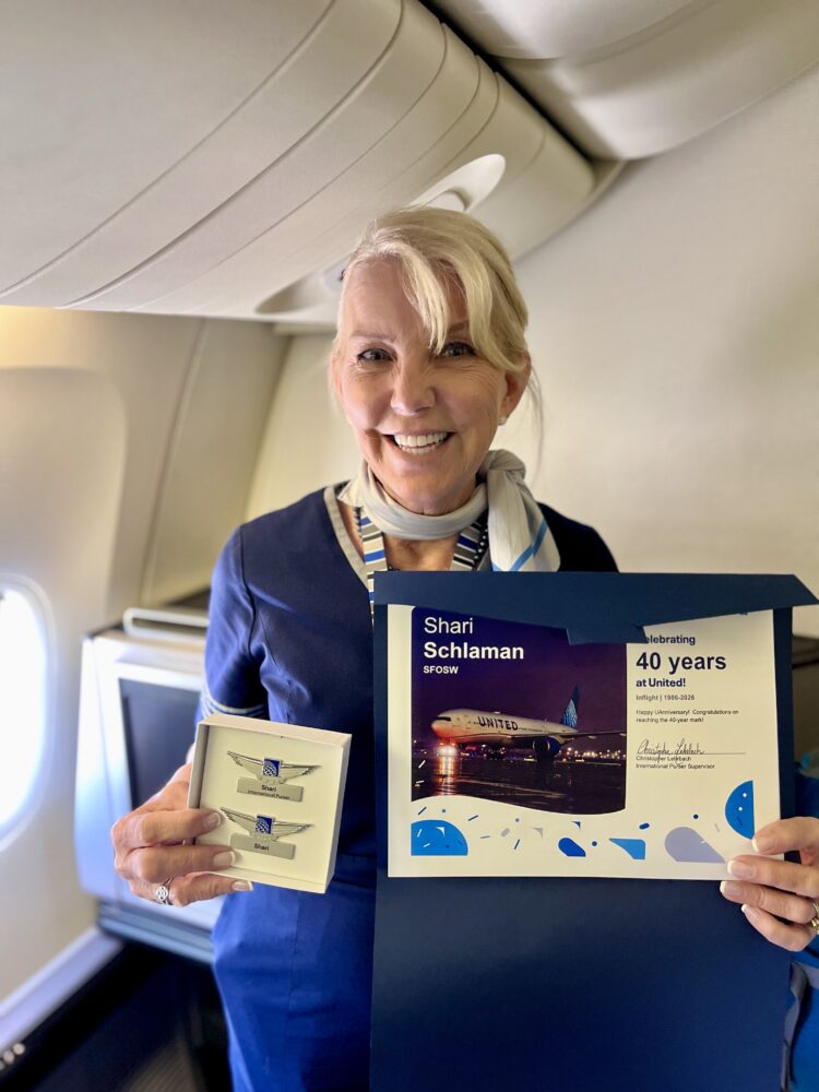 Shari Schlaman celebrates 40 years of service at United Airlines. Photo courtesy of Shari Schlaman.