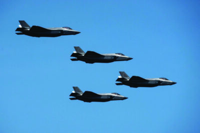 F-35 Lightning II supersonic stealth strike fighters fly in formation during the International Naval Review 250 in New York on July 4, 2026. Photo by Samira Bouaou.