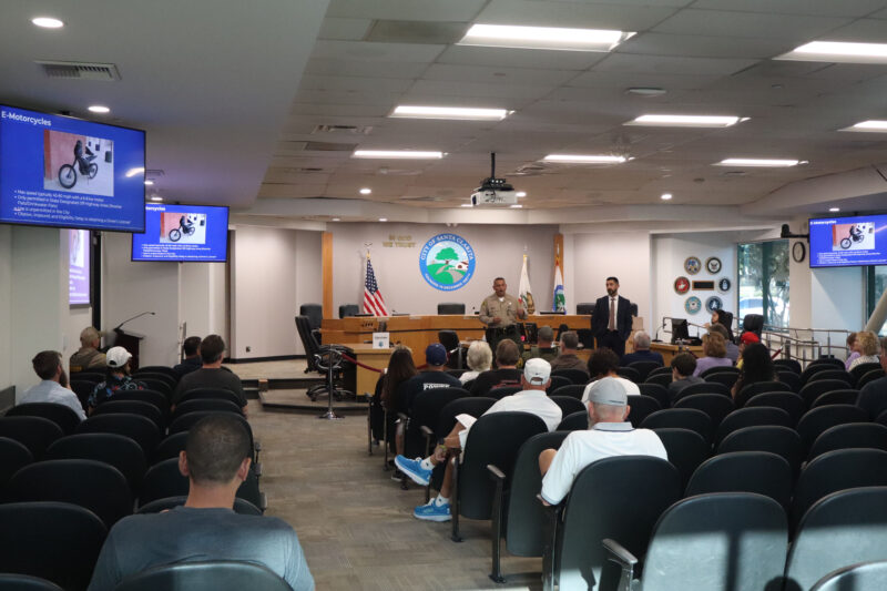 Attendees listen to the presentation on electric bikes and motorcycles at Santa Clarita's City Hall, Tuesday, Aug. 4, 2026. Kamryn Martell/The Signal