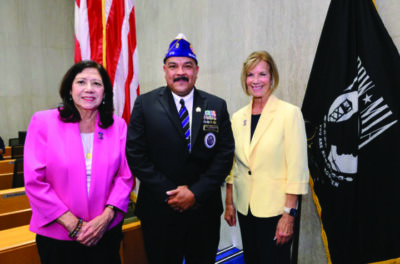 From left: Supervisor Hilda L. Solis, Cmdr. Zeferino John Madrigal III, and Supervisor Janice Hahn during Tuesday's Board of Supervisors meeting. Courtesy photo.