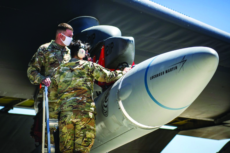 U.S. Air Force airmen secure the AGM-183A Air-launched Rapid Response Weapon Instrumented Measurement Vehicle 2 as it is loaded under the wing of a B-52H Stratofortress at Edwards Air Force Base on Aug. 6, 2020. Giancarlo Casem/U.S. Air Force