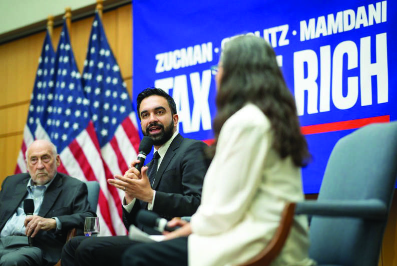 New York Mayor Zohran Mamdani with economists Gabriel Zucman and Joseph Stiglitz at a Tax Day forum, at the CUNY Graduate Center on April 15, 2026. Michael Appleton/Mayoral Photography Office