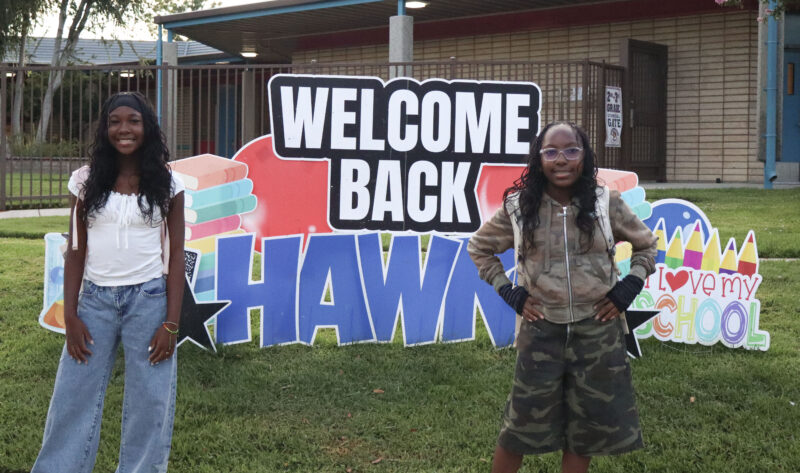 Twins Bailey Hastings (L) and Brook Hastings, 11, smile for a photo on the first day of school at Highlands Elementary School in Saugus, Calif., Wednesday, Aug. 12, 2026. Kamryn Martell/The Signal