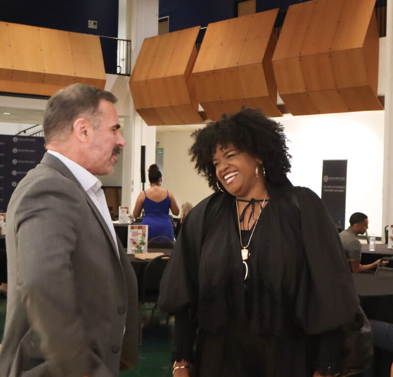 Ivan Volschenk and Tamara Pickering talk at the Santa Clarita Valley Chamber of Commerce's fourth annual Black Business Month event at the California Institute of the Arts, Thursday, Aug. 6, 2026. Kamryn Martell/The Signal