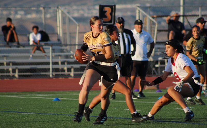 Grizzlies’ Makenzie Jensen (15) making a throw downfield during a game against Santa Paula at Golden Valley High School on Aug. 18, 2026. Ryan Romero/The Signal