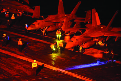 F/A-18 Super Hornets attached to the aircraft carrier USS George Washington prepare for flight operations while operating in the Indian Ocean, on Aug. 18, 2026. U.S. Navy/Chief Mass Communication Specialist Joshua Karsten