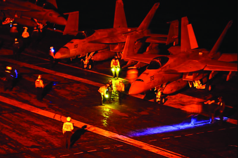 F/A-18 Super Hornets attached to the aircraft carrier USS George Washington prepare for flight operations while operating in the Indian Ocean, on Aug. 18, 2026. U.S. Navy/Chief Mass Communication Specialist Joshua Karsten