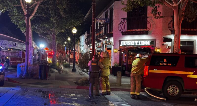 Firefighters battle the blaze that destroyed The Newhall Refinery restaurant on Main Street in the early hours of Monday, Aug. 24, 2026. Signal staff photo.
