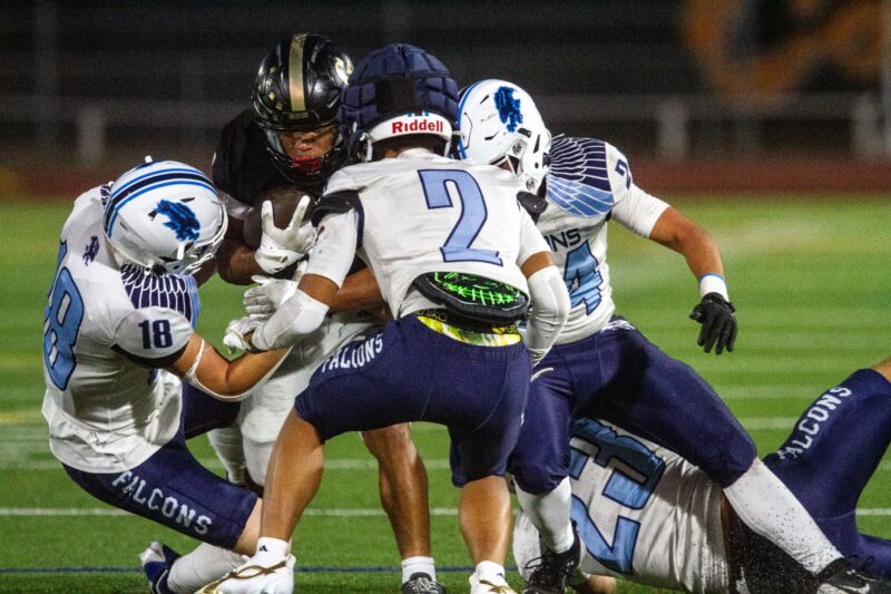 Crescenta tackles a Golden Valley player during the first half of Friday’s game, Sept. 4, 2026. Katherine Quezada/The Signal