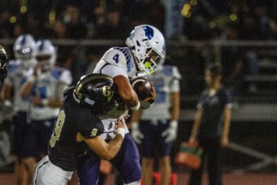 Golden Valley’s Andrew Sayadian (9) tackles Crescenta’s Julian Savery (4) during the first half of Friday’s game, Sept. 4, 2026. Katherine Quezada/The Signal
