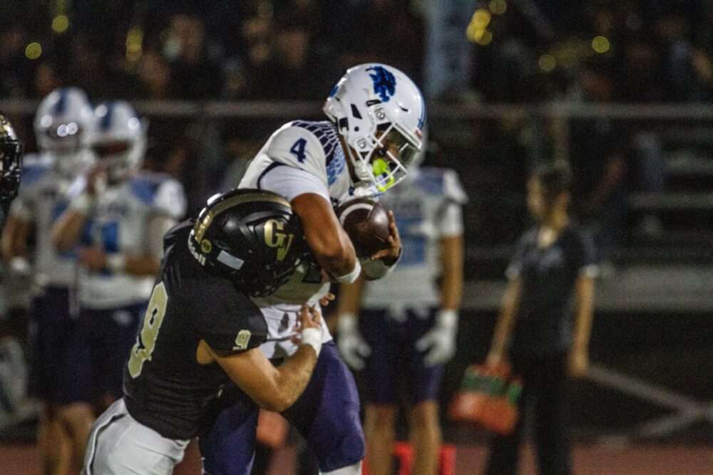 Golden Valley’s Andrew Sayadian (9) tackles Crescenta’s Julian Savery (4) during the first half of Friday’s game, Sept. 4, 2026. Katherine Quezada/The Signal