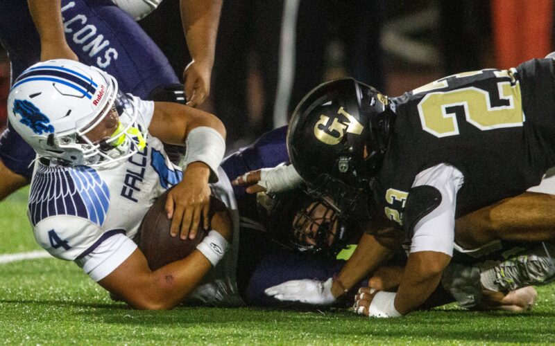 Crescenta’s Aren Mahmoudi (1) is tackled by Golden Valley during Friday’s game, Sept. 4, 2026. Katherine Quezada/The Signal
